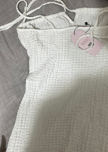 Beyaz Kolsuz Midi Örgü Keten Elbise - Görsel 4