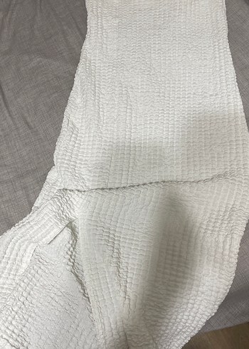 Beyaz Kolsuz Midi Örgü Keten Elbise - Görsel 3