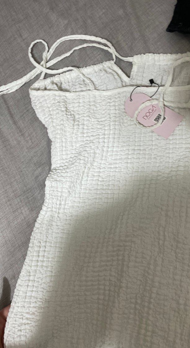 Beyaz Kolsuz Midi Örgü Keten Elbise - Görsel 4