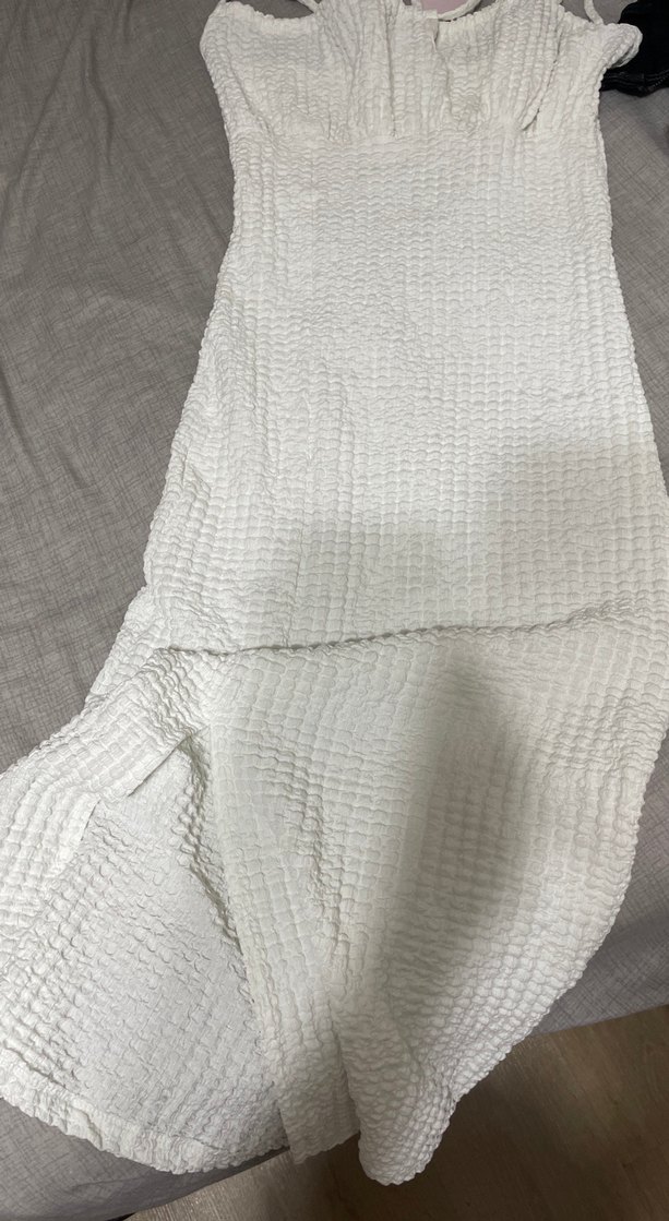 Beyaz Kolsuz Midi Örgü Keten Elbise - Görsel 3