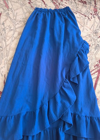 Kadın Mavi Uzun Keten Etek Fırfırlı - Görsel 2