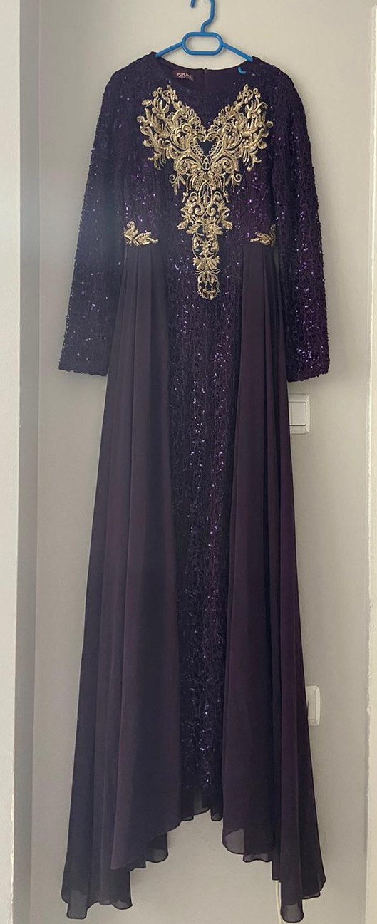 Mor Uzun Kollu İşlemeli Abiye Elbise - Görsel 2