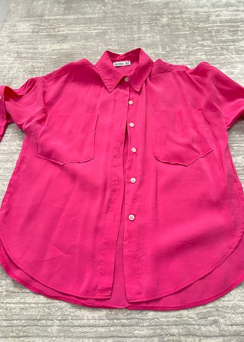 Düğmeli Pembe İpek Dokulu Kadın Gömlek - Görsel 5