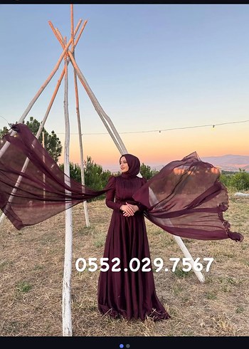 Tesettür bordo özel dikim abiye elbise - Görsel 4