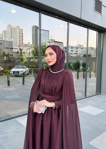 Tesettür bordo özel dikim abiye elbise - Görsel 2