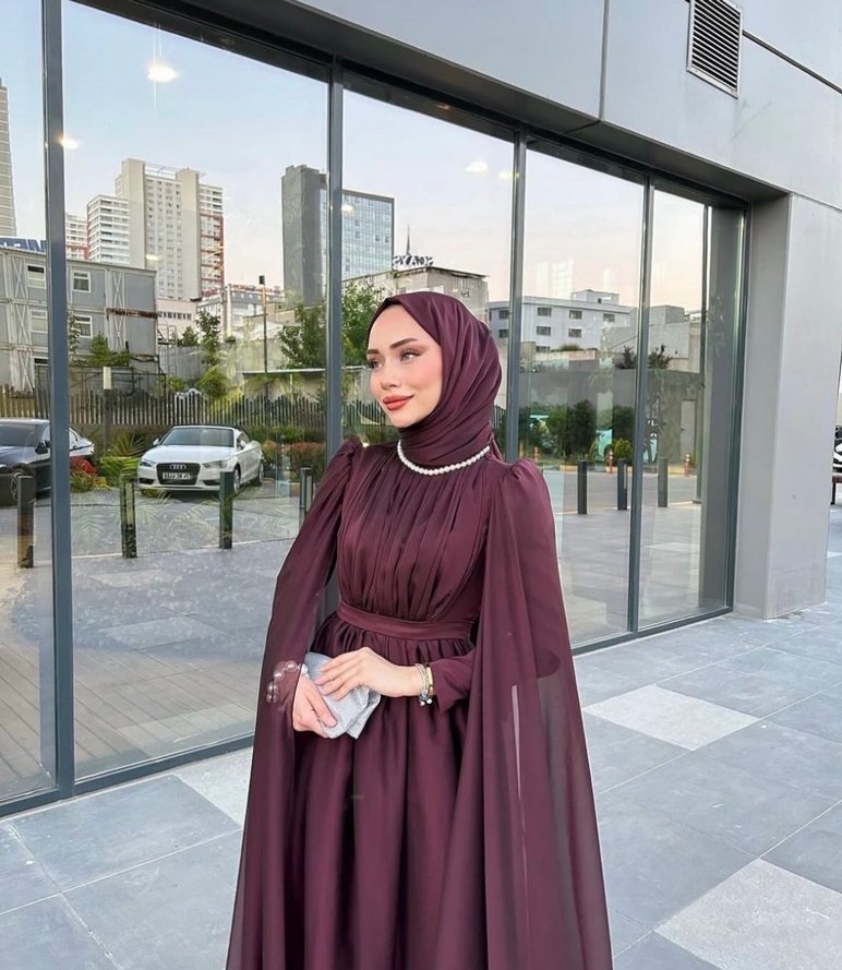 Tesettür bordo özel dikim abiye elbise - Görsel 2