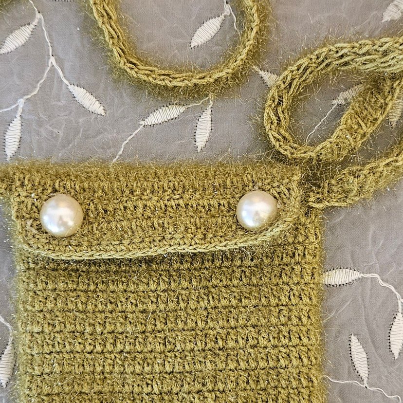 El İşi Simli Haki Örgü Telefon Çantası - Görsel 3