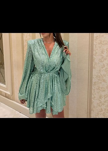 Turkuaz  yeşil payetli Uzun Kollu Mini Elbise - Görsel 3