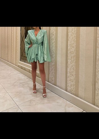 Turkuaz  yeşil payetli Uzun Kollu Mini Elbise - Görsel 4