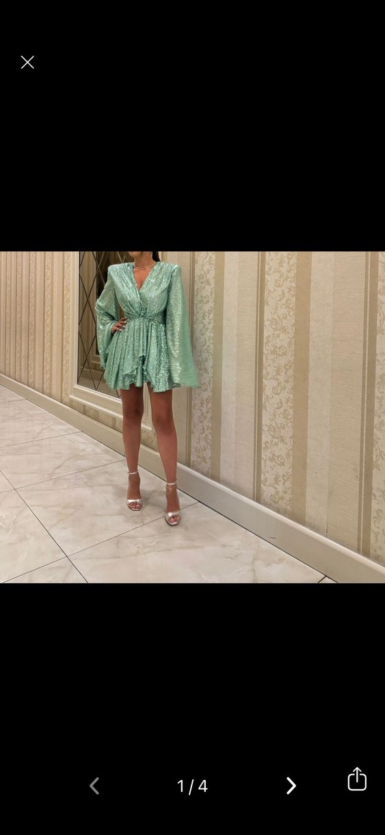 Turkuaz  yeşil payetli Uzun Kollu Mini Elbise - Görsel 4