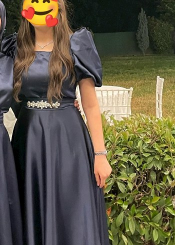 Lacivert Uzun Abiye Elbise, kısa kollu, Salaş saten - Görsel 2