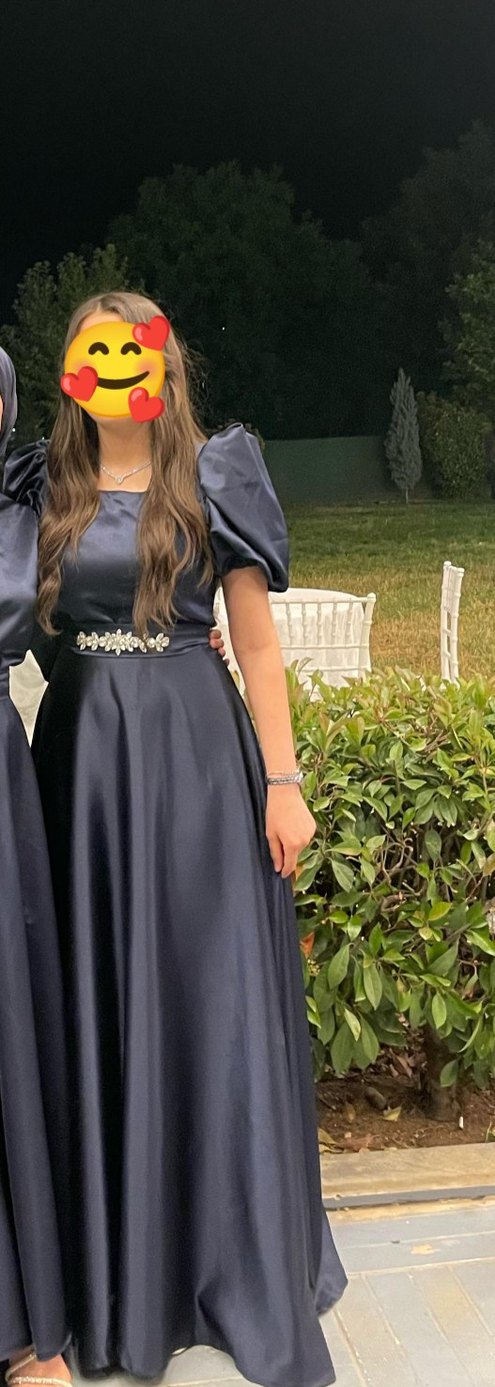 Lacivert Uzun Abiye Elbise, kısa kollu, Salaş saten - Görsel 2