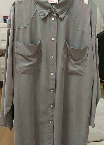 Gri Düğmeli Kadın Keten Gömlek - Görsel 2
