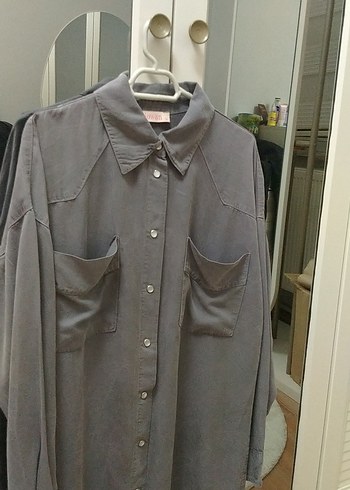 Gri Düğmeli Kadın Keten Gömlek - Görsel 5