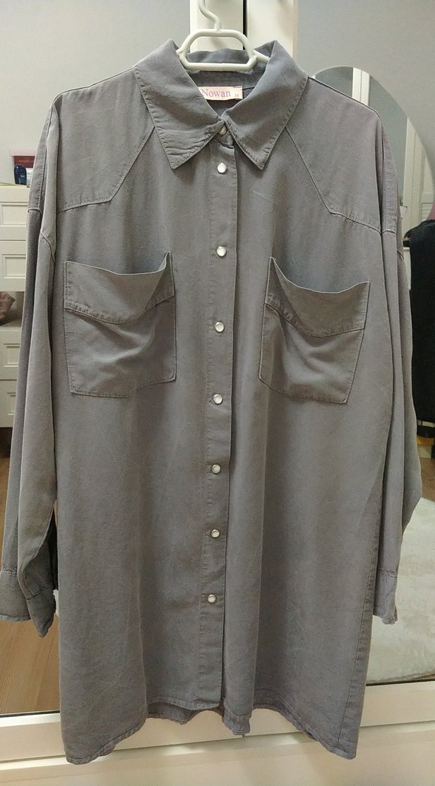Gri Düğmeli Kadın Keten Gömlek - Görsel 2