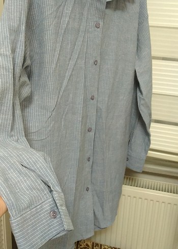 Gri Keten Düğmeli Uzun Kollu Kadın Gömlek - Görsel 3