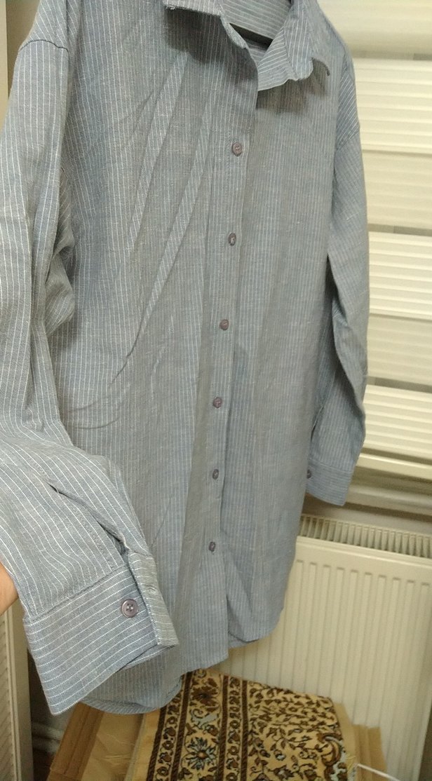 Gri Keten Düğmeli Uzun Kollu Kadın Gömlek - Görsel 3