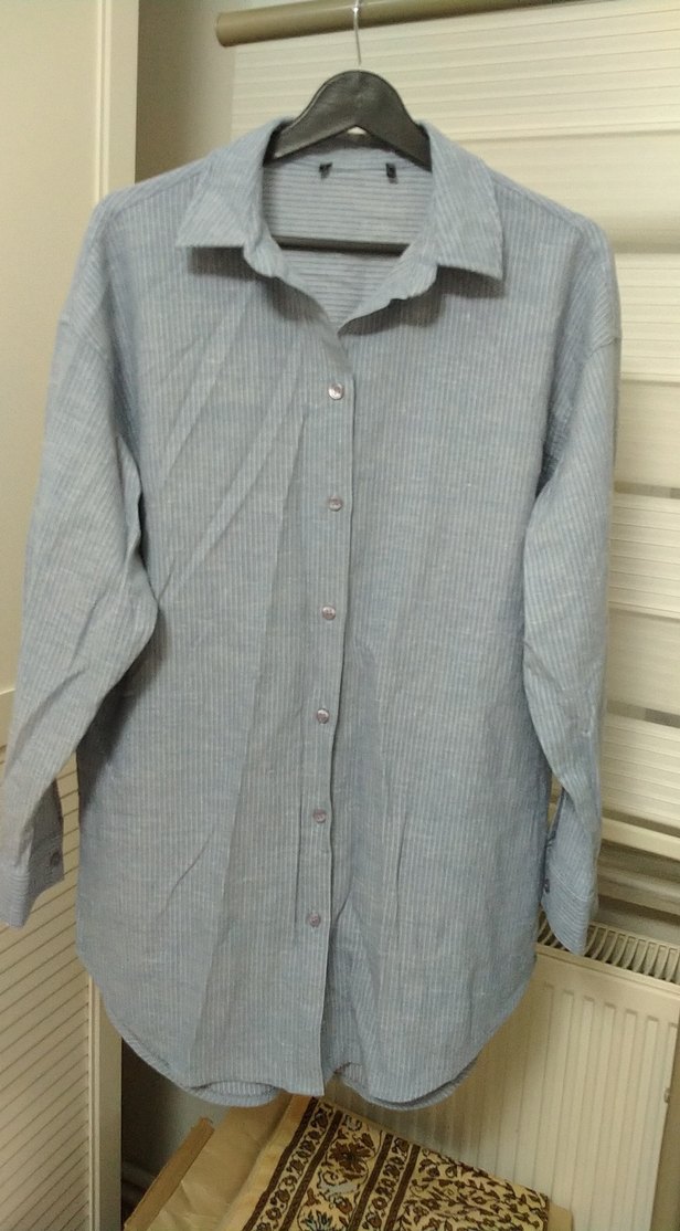 Gri Keten Düğmeli Uzun Kollu Kadın Gömlek - Görsel 2