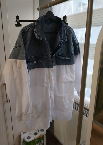 Düğmeli Beyaz Gri Midi Denim Ceket - Görsel 4