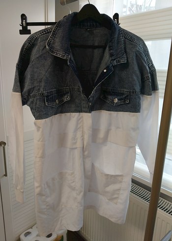 Düğmeli Beyaz Gri Midi Denim Ceket - Görsel 2