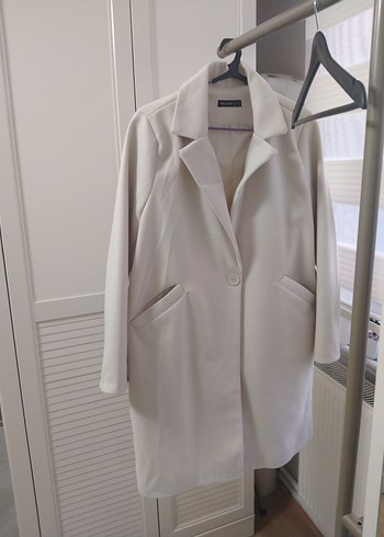 Beyaz Midi Boy Notched Yaka Hamile Kabanı - Görsel 5