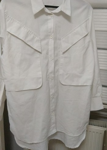 Düğmeli Beyaz Keten Kadın Gömlek - Görsel 3