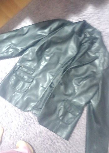 Düğmeli Gri Deri Kadın Ceket - Görsel 5