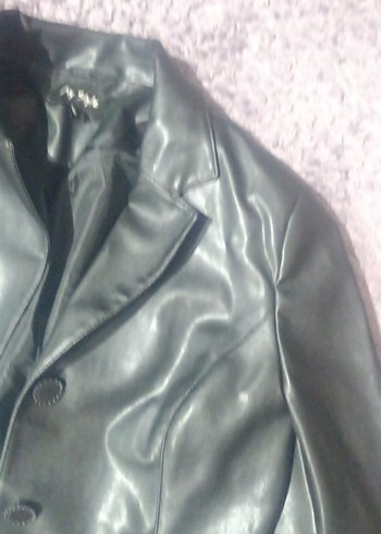 Düğmeli Gri Deri Kadın Ceket - Görsel 3