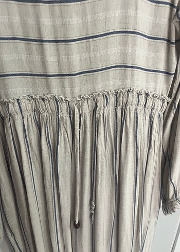 Bej Çizgili Uzun Keten Elbise - Görsel 2