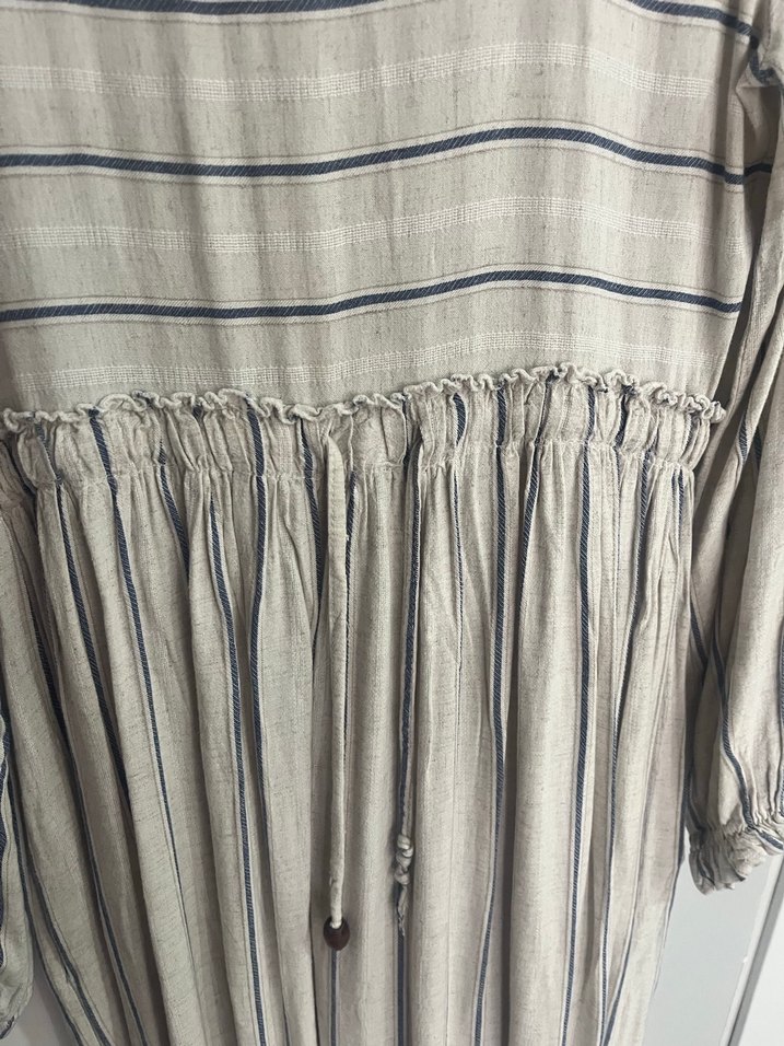 Bej Çizgili Uzun Keten Elbise - Görsel 2