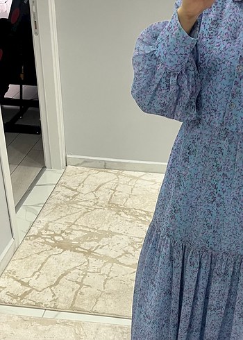 Bohem Mavi Uzun Kollu Fırfırlı Elbise - Görsel 2