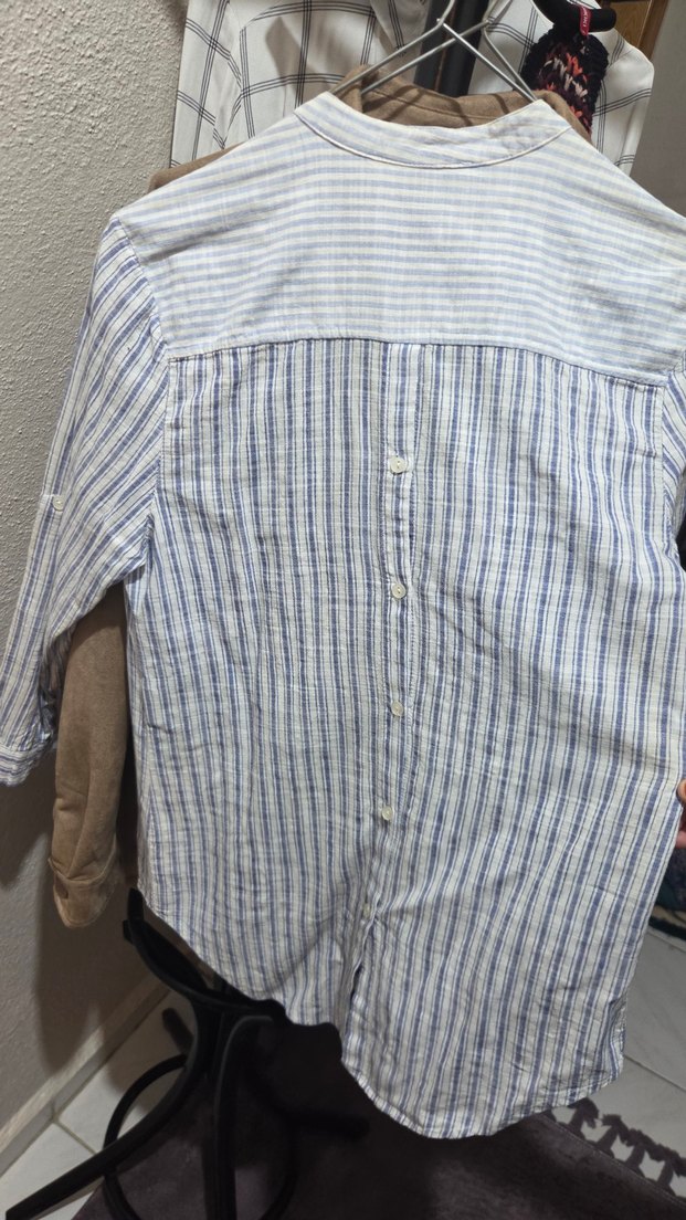 Çizgili Mavi Kadın Pamuk Gömlek - Görsel 2