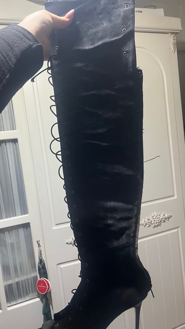 Siyah Süet Bağcıklı Dizüstü Topuklu Bot - Görsel 2