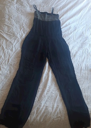 Kadın Siyah Keten Askılı Tulum - Görsel 2