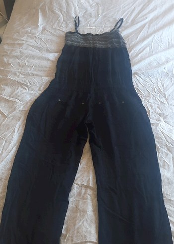 Kadın Siyah Keten Askılı Tulum - Görsel 3