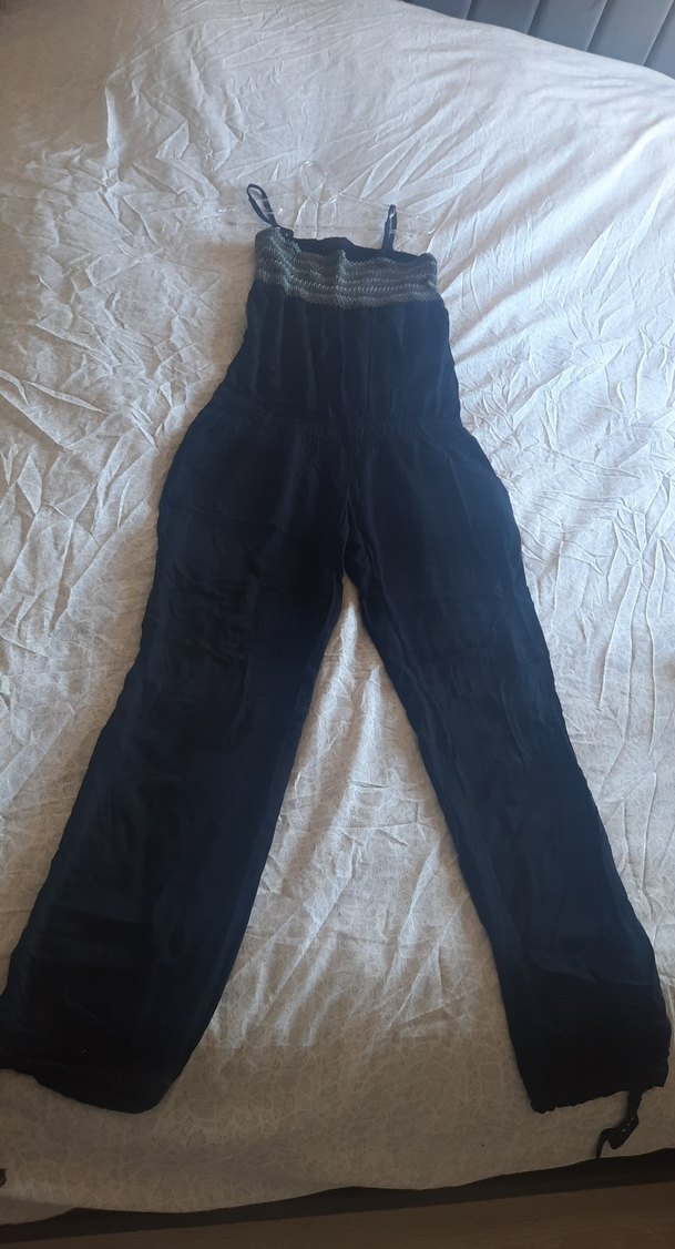 Kadın Siyah Keten Askılı Tulum - Görsel 2