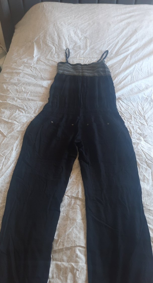 Kadın Siyah Keten Askılı Tulum - Görsel 3