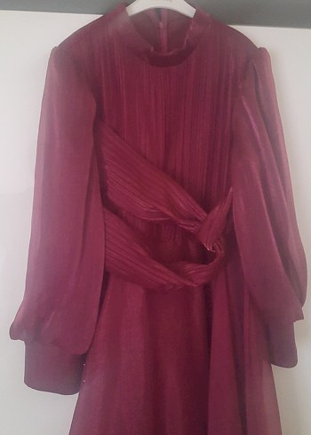 Bordo Uzun Kollu Drapeli Kadın Elbise - Görsel 4