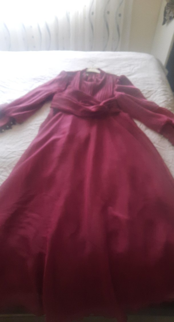 Bordo Uzun Kollu Drapeli Kadın Elbise - Görsel 3