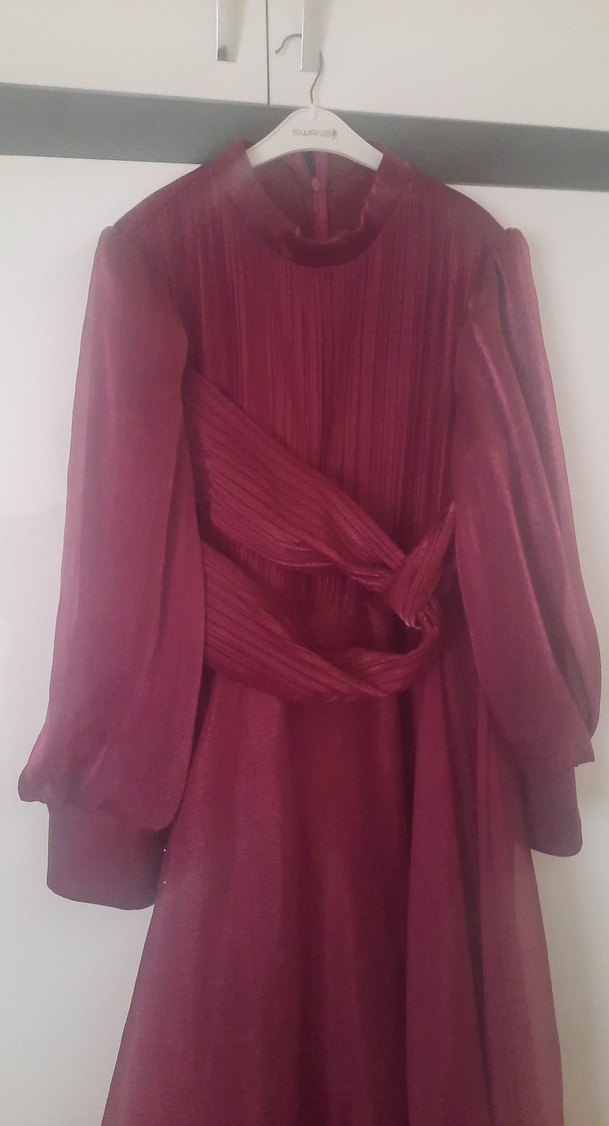 Bordo Uzun Kollu Drapeli Kadın Elbise - Görsel 4