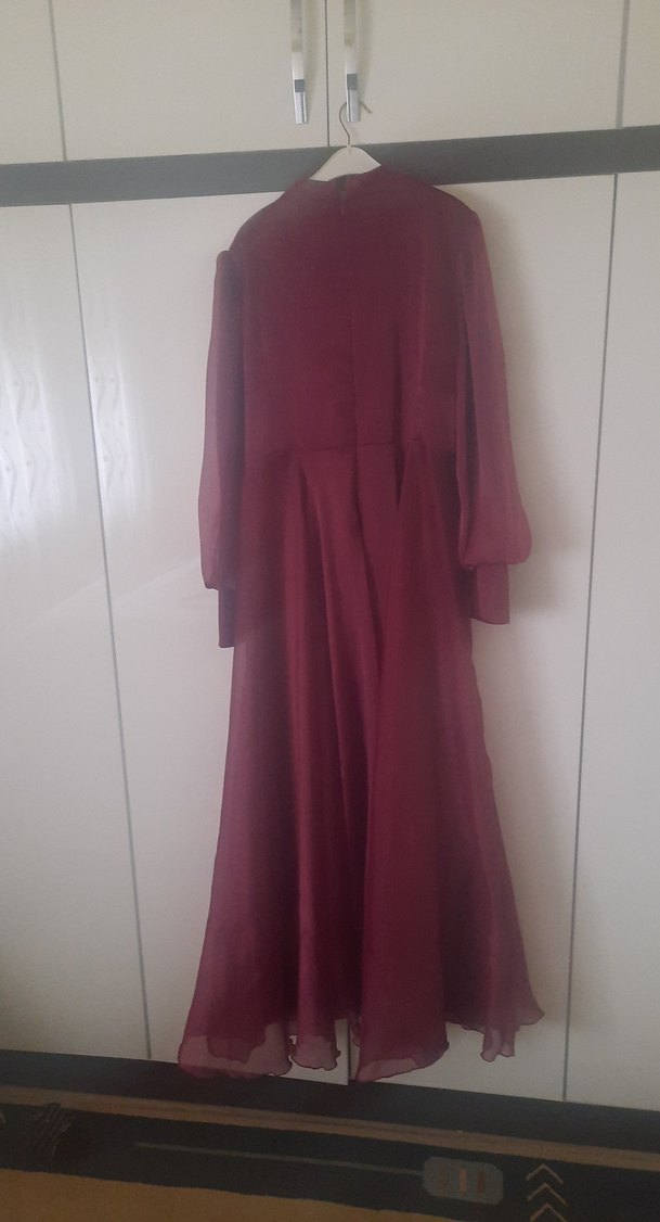 Bordo Uzun Kollu Drapeli Kadın Elbise - Görsel 2