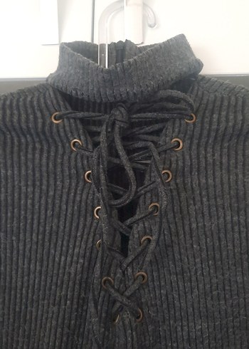 Kadın Gri Yüksek Yakalı Bağcıklı Triko Kazak - Görsel 3