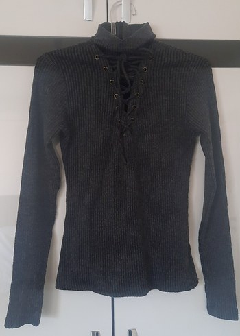 Kadın Gri Yüksek Yakalı Bağcıklı Triko Kazak - Görsel 2