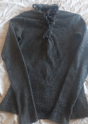 Kadın Gri Yüksek Yakalı Bağcıklı Triko Kazak - Görsel 6