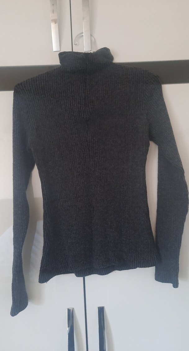 Kadın Gri Yüksek Yakalı Bağcıklı Triko Kazak - Görsel 5