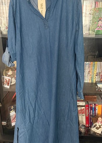 Uzun Mavi Denim Elbise - Görsel 3