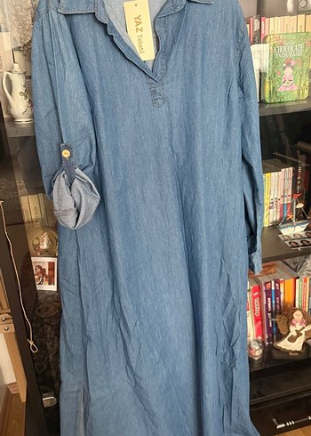 Uzun Mavi Denim Elbise - Görsel 4