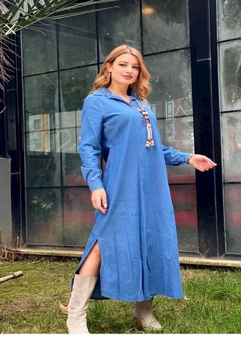 Diğer Uzun Mavi Denim Elbise