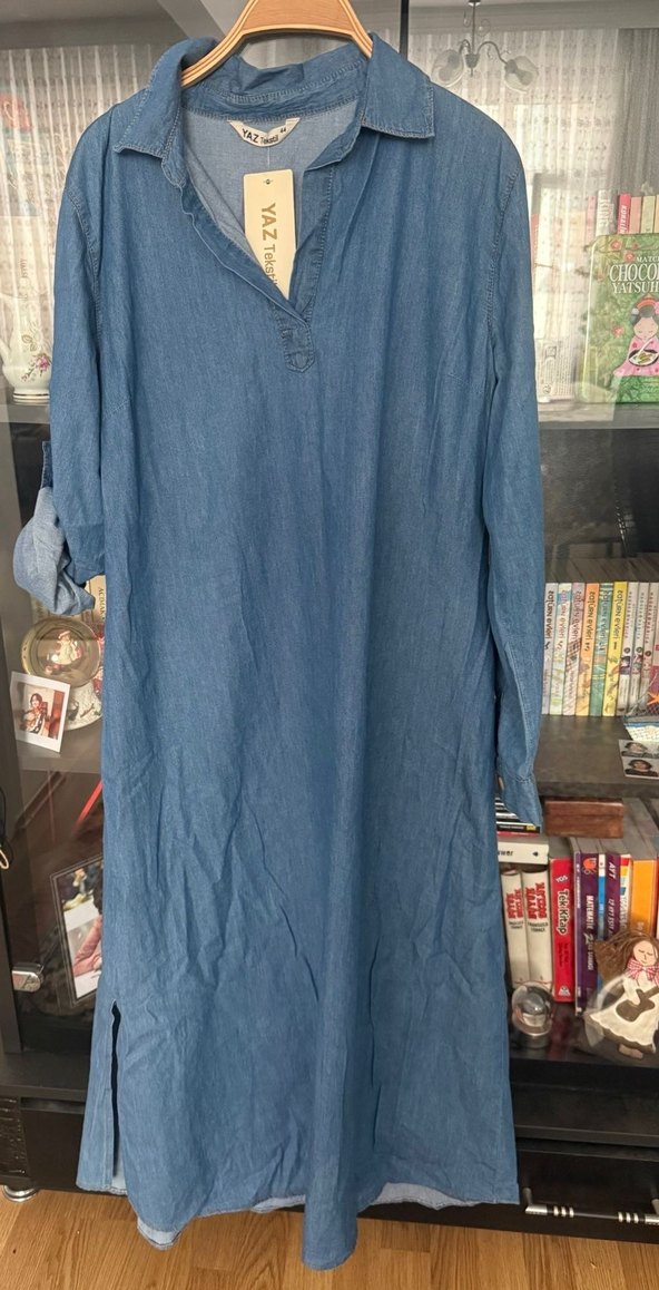 Uzun Mavi Denim Elbise - Görsel 3