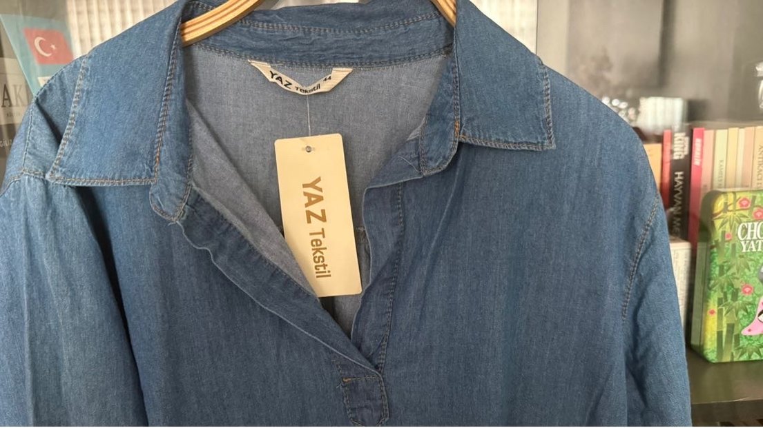 Uzun Mavi Denim Elbise - Görsel 5